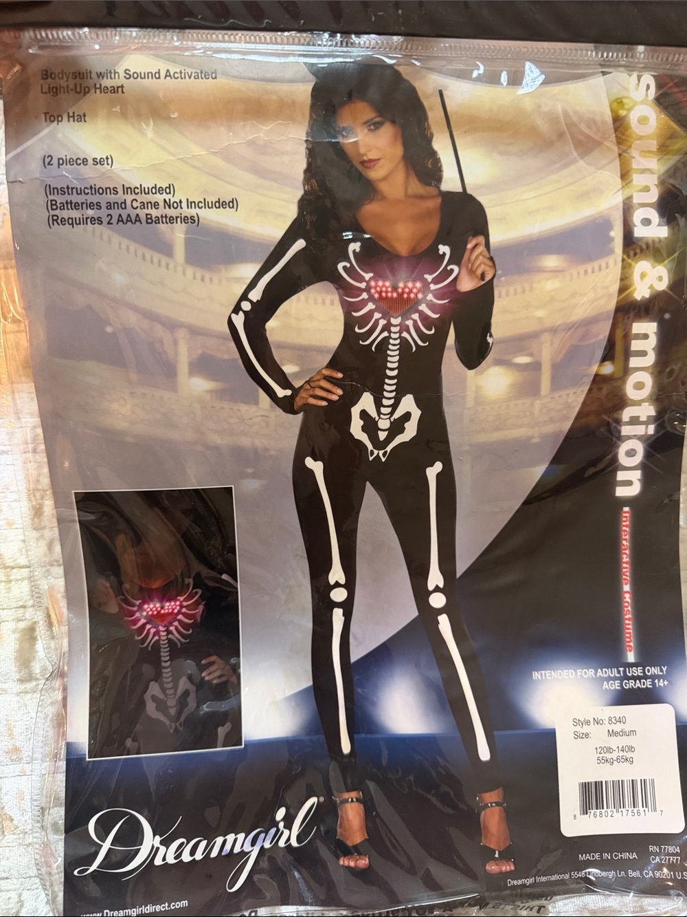 Dreamgirl Black Skeleton Sound-motion Activated Light-Up Heart Bodysuit